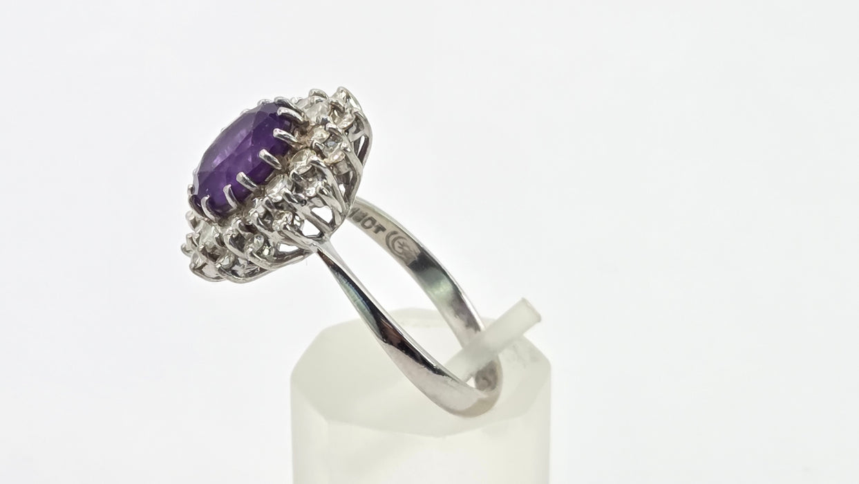Vintage: 18ct White Gold Amethyst & Diamond Double Halo Dress Ring — 1.00ct