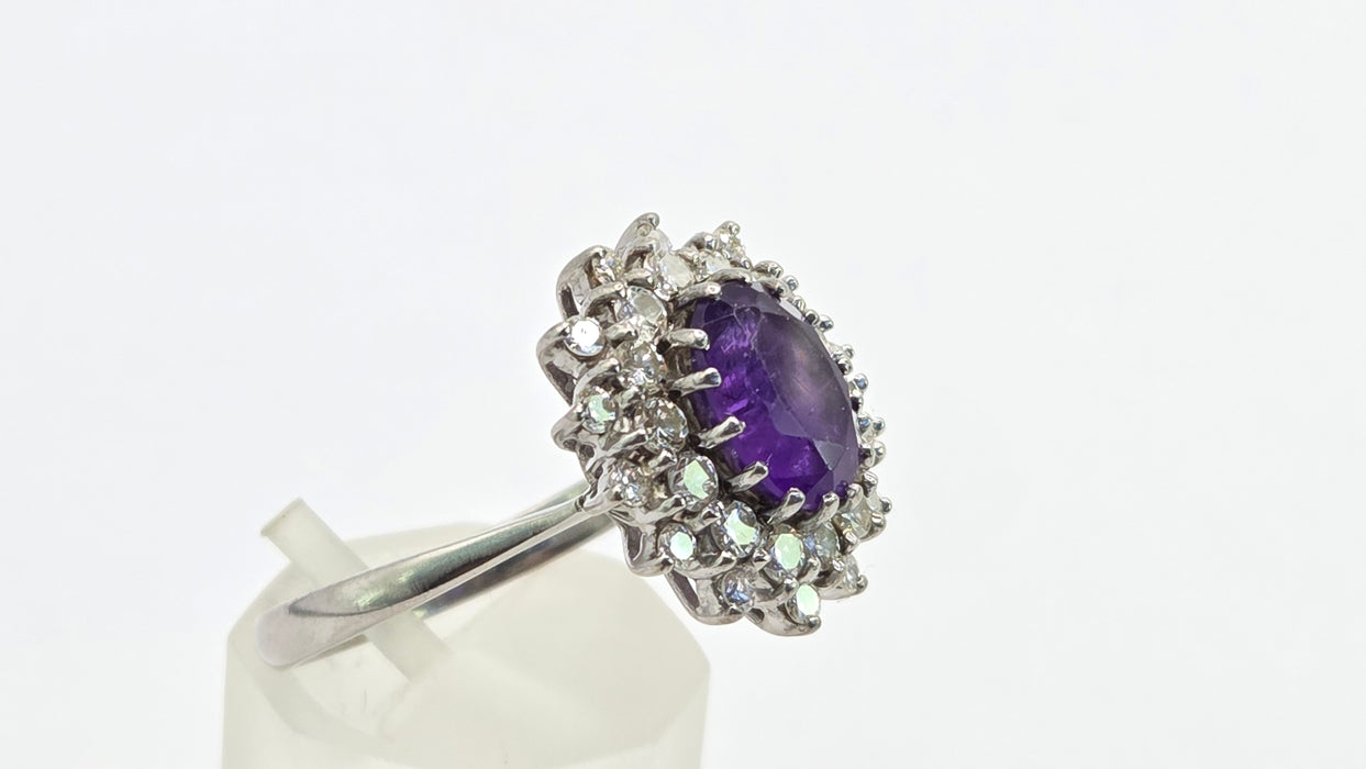 Vintage: 18ct White Gold Amethyst & Diamond Double Halo Dress Ring — 1.00ct