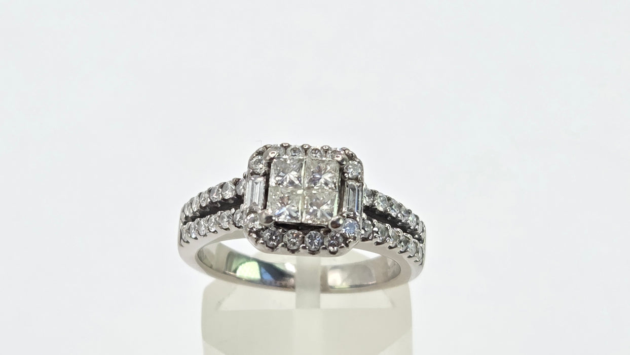 Vintage: 18ct White Gold Princess Cut Diamond Halo Dress Ring — 1.00ct