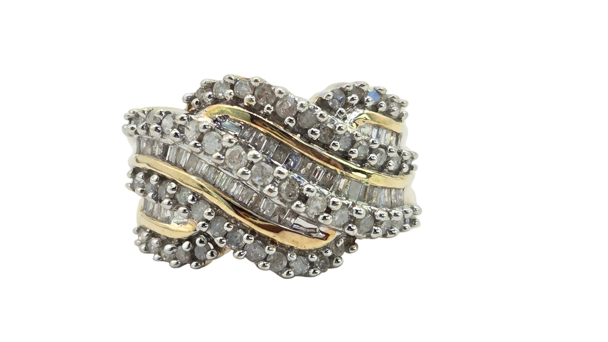 Vintage: 9ct Yellow Gold Diamond Crossover Cocktail Dress Ring