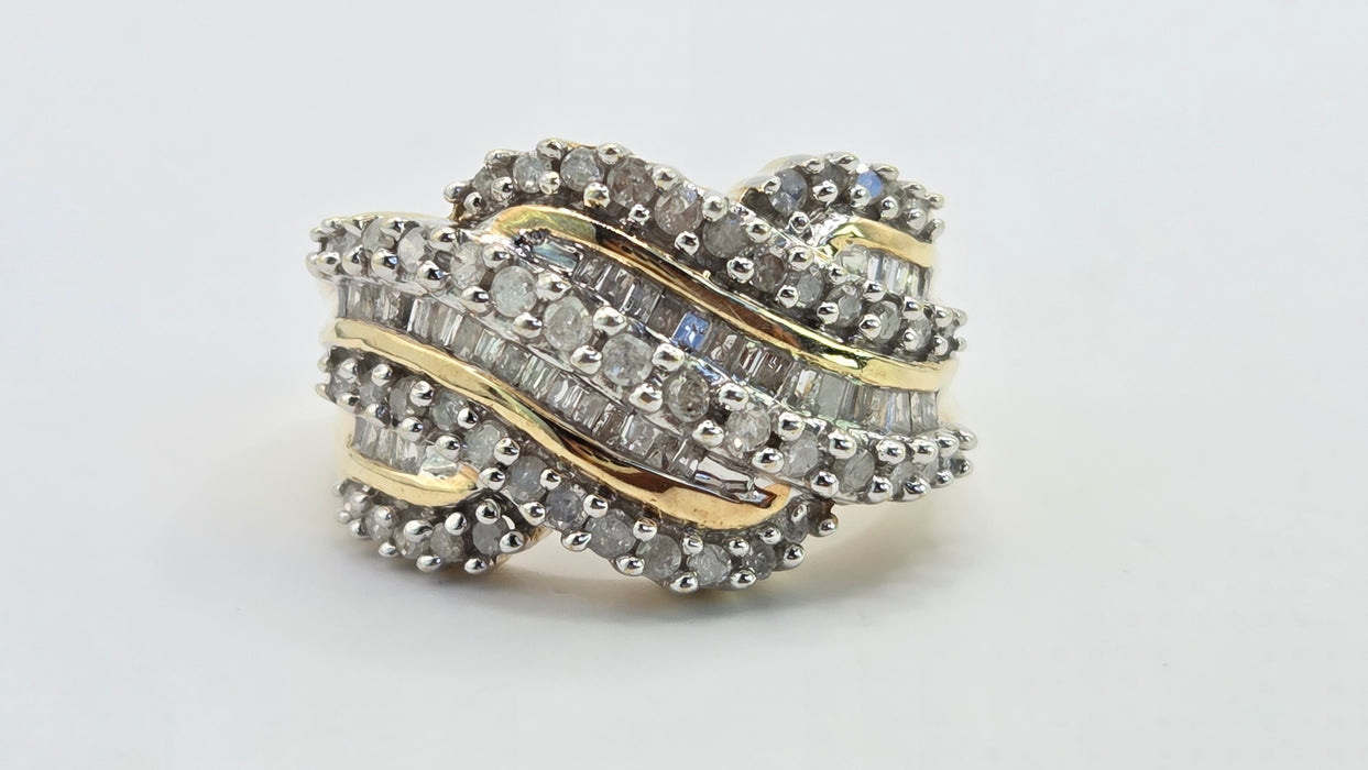 Vintage: 9ct Yellow Gold Diamond Crossover Cocktail Dress Ring