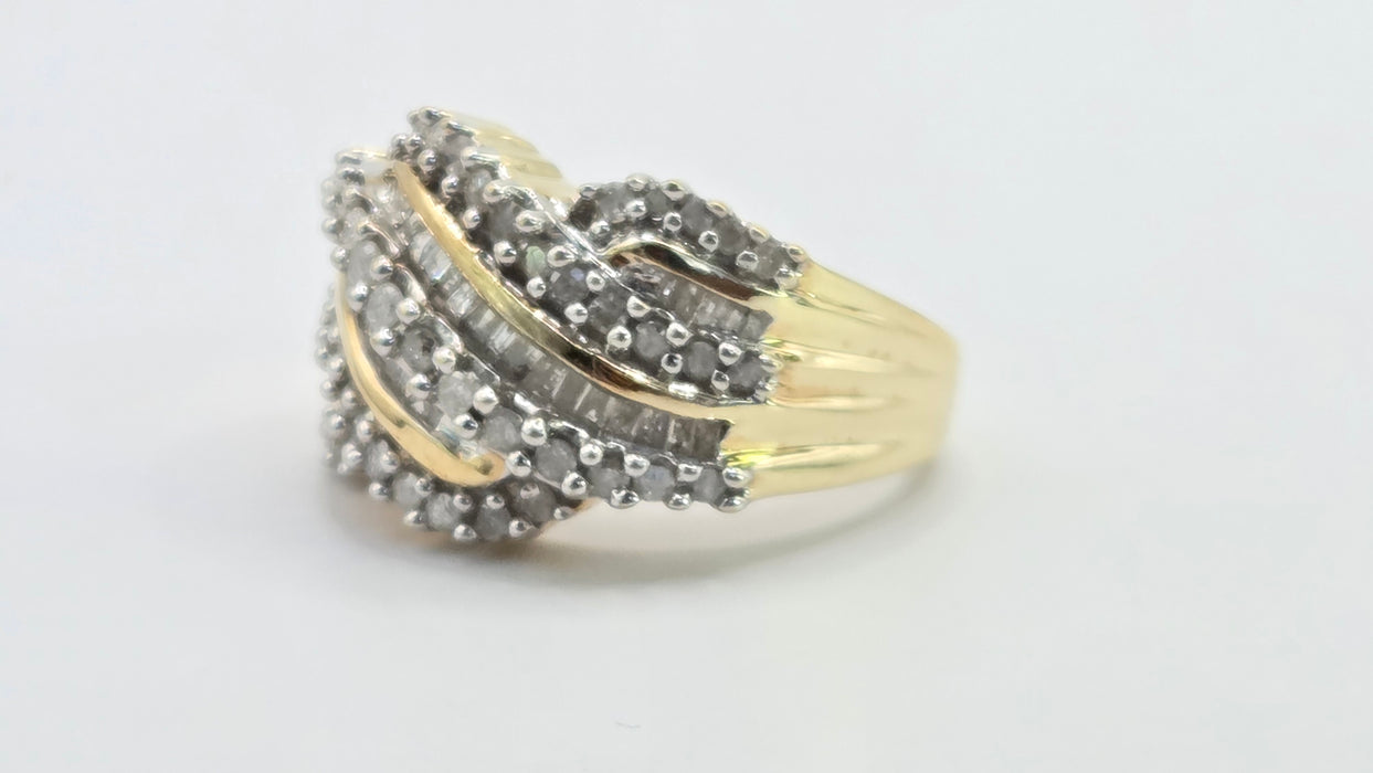 Vintage: 9ct Yellow Gold Diamond Crossover Cocktail Dress Ring