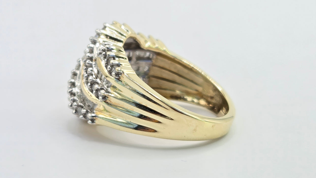 Vintage: 9ct Yellow Gold Diamond Crossover Cocktail Dress Ring