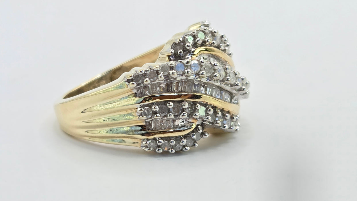 Vintage: 9ct Yellow Gold Diamond Crossover Cocktail Dress Ring