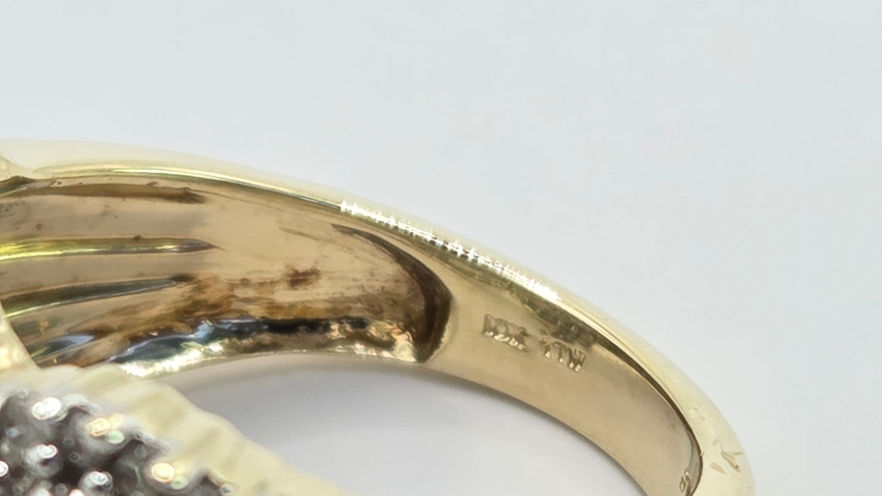 Vintage: 9ct Yellow Gold Diamond Crossover Cocktail Dress Ring