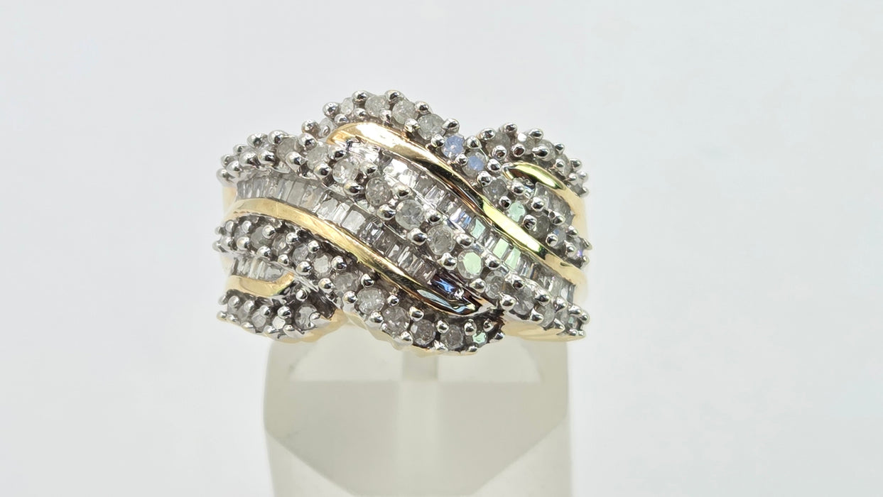 Vintage: 9ct Yellow Gold Diamond Crossover Cocktail Dress Ring