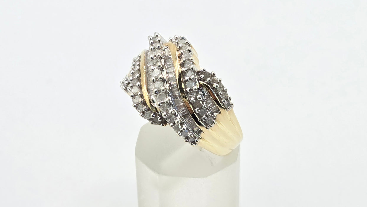 Vintage: 9ct Yellow Gold Diamond Crossover Cocktail Dress Ring