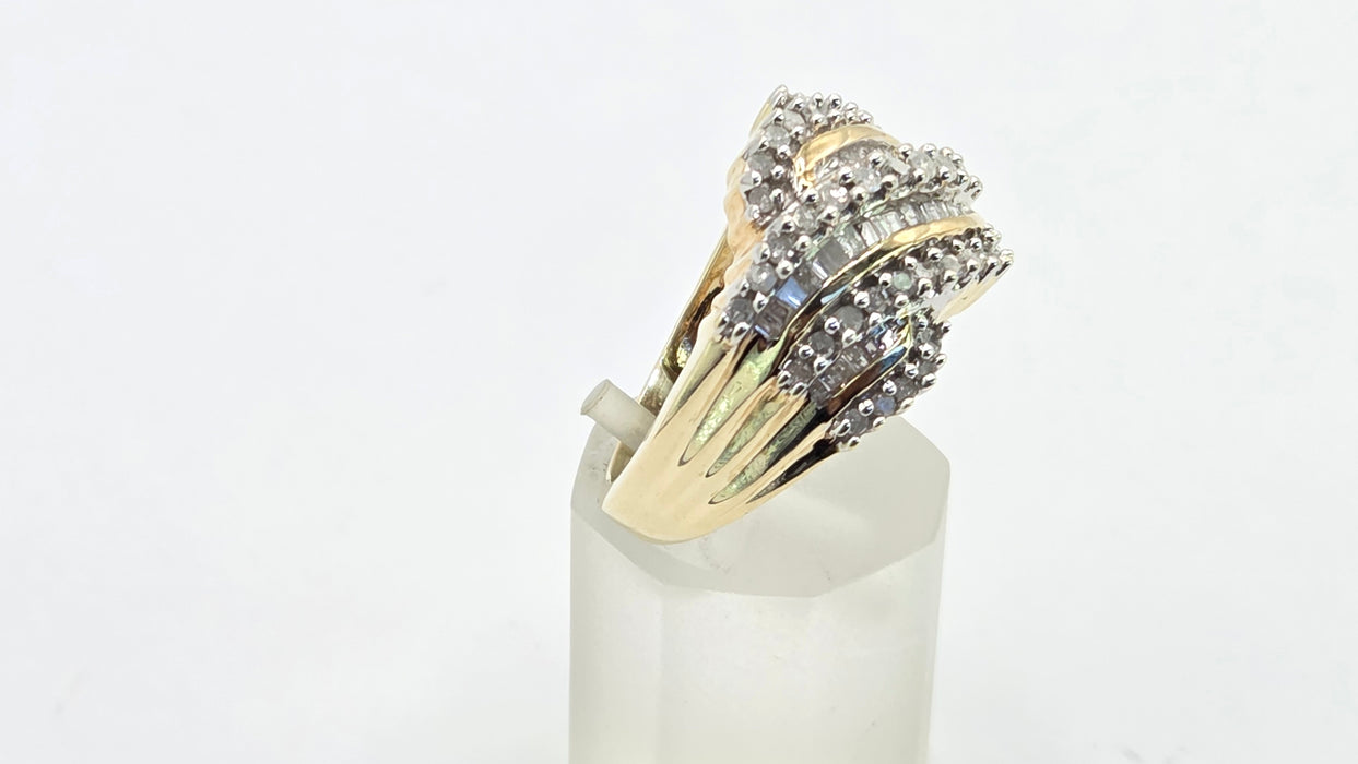 Vintage: 9ct Yellow Gold Diamond Crossover Cocktail Dress Ring
