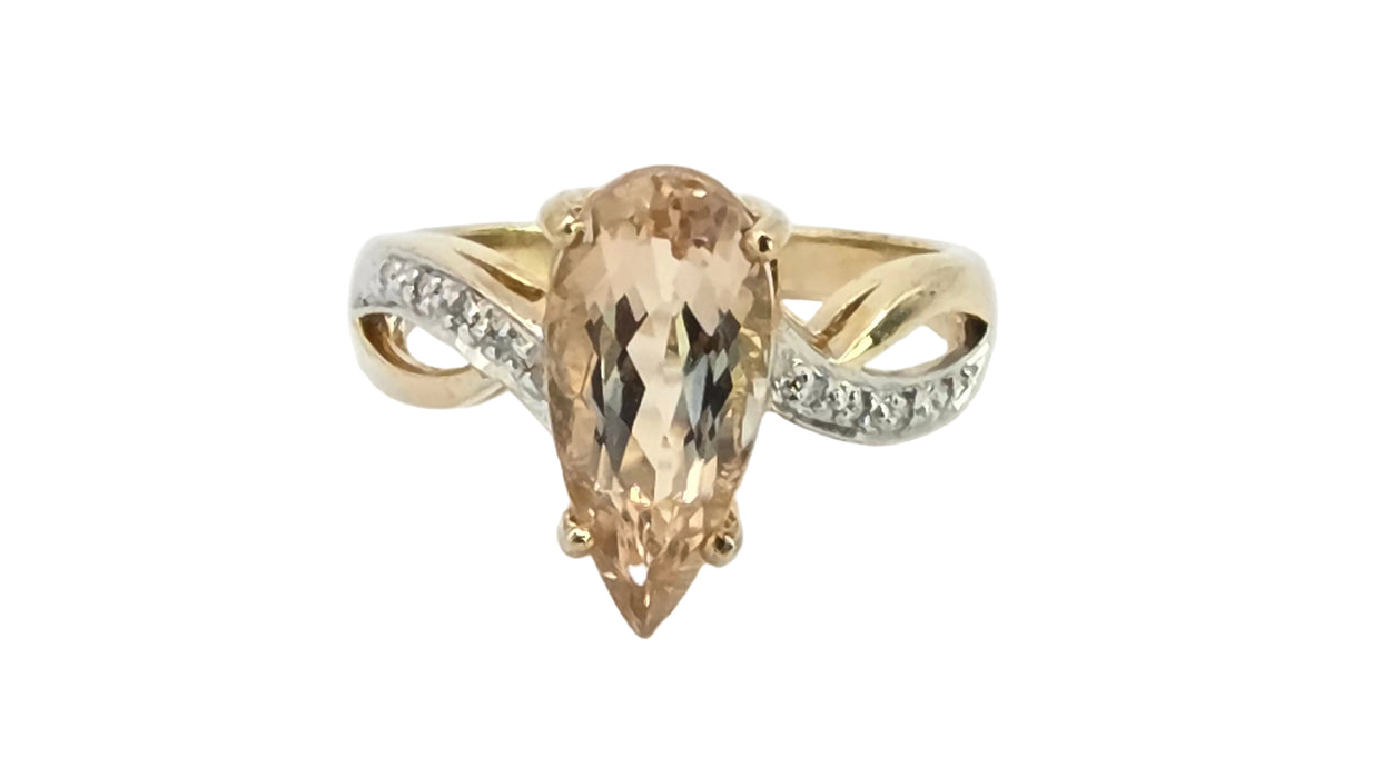 Vintage: 9ct Yellow Gold Pear Cut Morganite & Diamond Crossover Ring