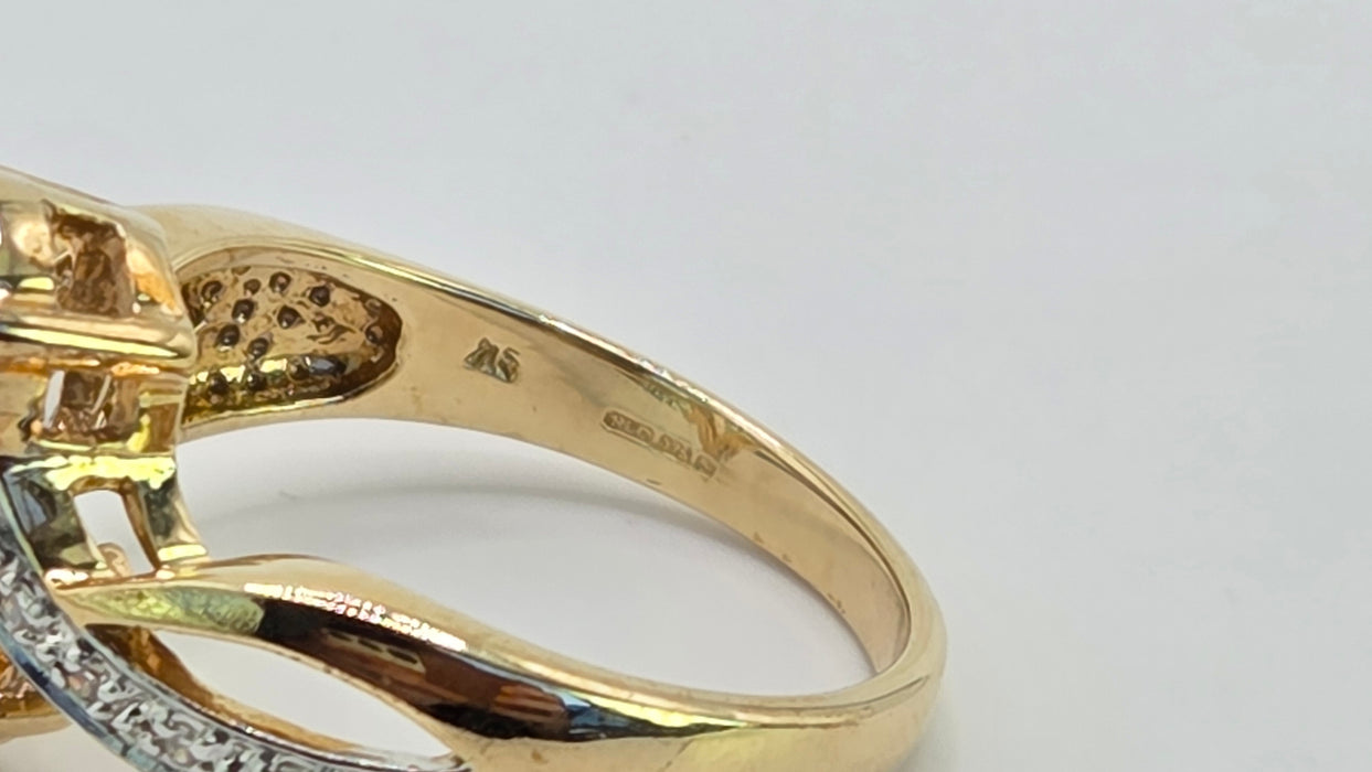 Vintage: 9ct Yellow Gold Pear Cut Morganite & Diamond Crossover Ring