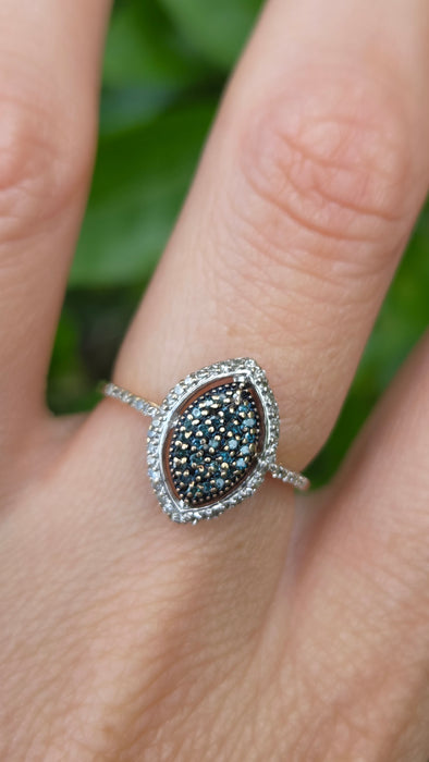 Vintage: 9ct Gold Blue & White Diamond Marquise Cluster Ring