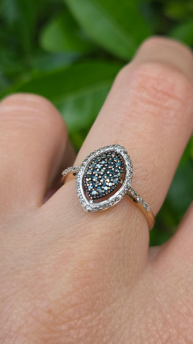 Vintage: 9ct Gold Blue & White Diamond Marquise Cluster Ring