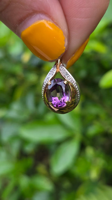 Vintage: 9ct Gold Oval Amethyst & Diamond Pear-Shaped Pendant