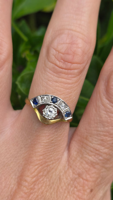 Vintage: 18ct Yellow Gold & Platinum Diamond Solitaire & Sapphire Crescent Dress Ring — 0.25ct