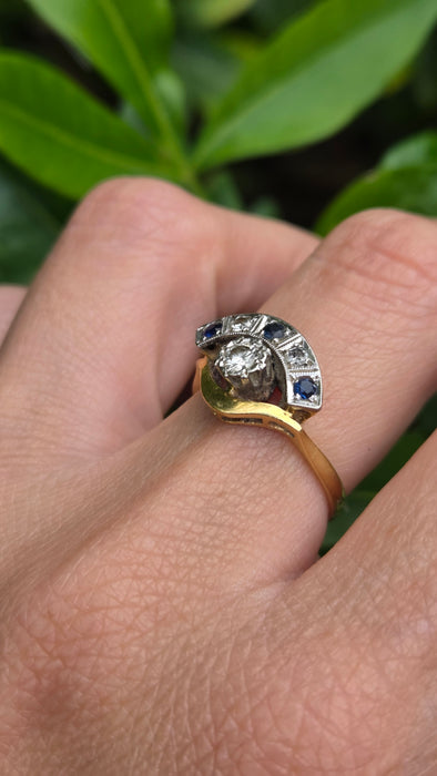Vintage: 18ct Yellow Gold & Platinum Diamond Solitaire & Sapphire Crescent Dress Ring — 0.25ct