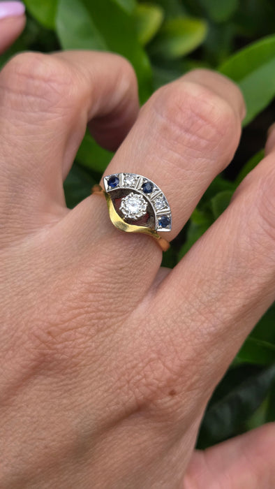 Vintage: 18ct Yellow Gold & Platinum Diamond Solitaire & Sapphire Crescent Dress Ring — 0.25ct