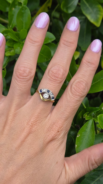 Vintage: 18ct Yellow Gold & Platinum Diamond Solitaire & Sapphire Crescent Dress Ring — 0.25ct