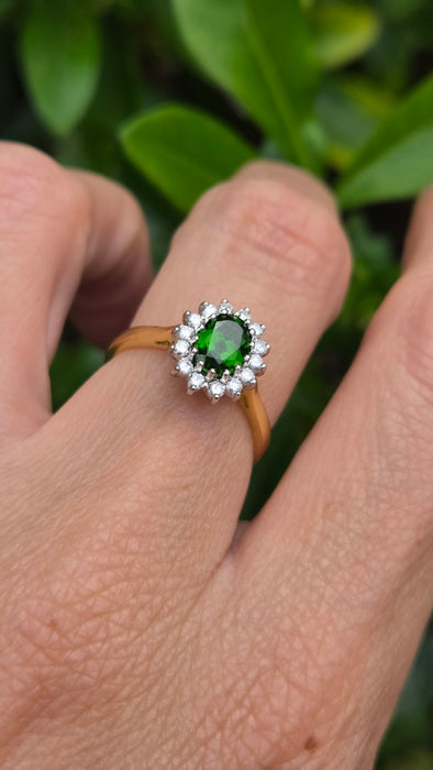 Vintage: 18ct Yellow Gold Green Tourmaline & Diamond 0.28ct Oval Cluster Ring — From 1994