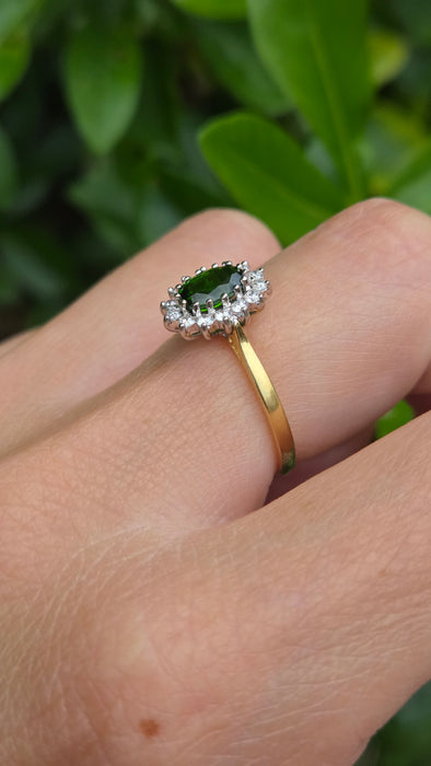 Vintage: 18ct Yellow Gold Green Tourmaline & Diamond 0.28ct Oval Cluster Ring — From 1994