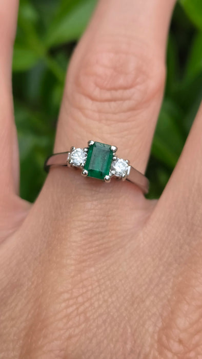 Vintage: Platinum Emerald 0.41ct & Diamond 0.20ct Three Stone Ring