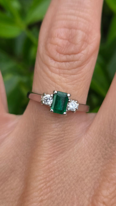 Vintage: Platinum Emerald 0.41ct & Diamond 0.20ct Three Stone Ring