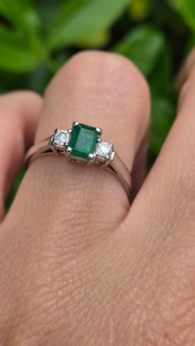 Vintage: Platinum Emerald 0.41ct & Diamond 0.20ct Three Stone Ring