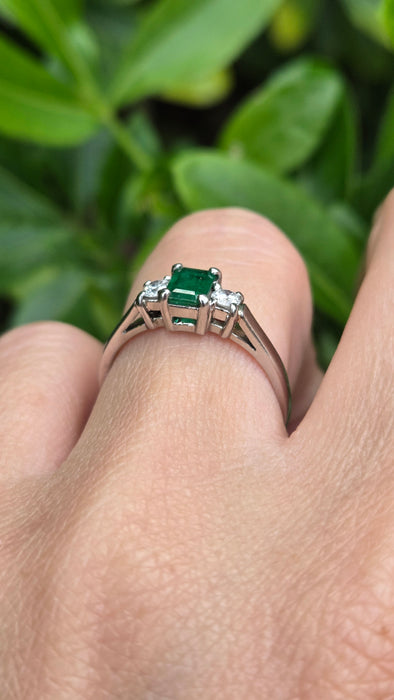 Vintage: Platinum Emerald 0.41ct & Diamond 0.20ct Three Stone Ring