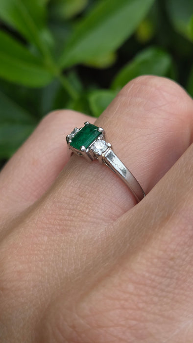 Vintage: Platinum Emerald 0.41ct & Diamond 0.20ct Three Stone Ring