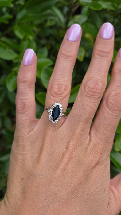 Vintage: 18ct White Gold Marquise Sapphire 1.79ct & Diamond 0.64ct Cluster Dress Ring — From 1975