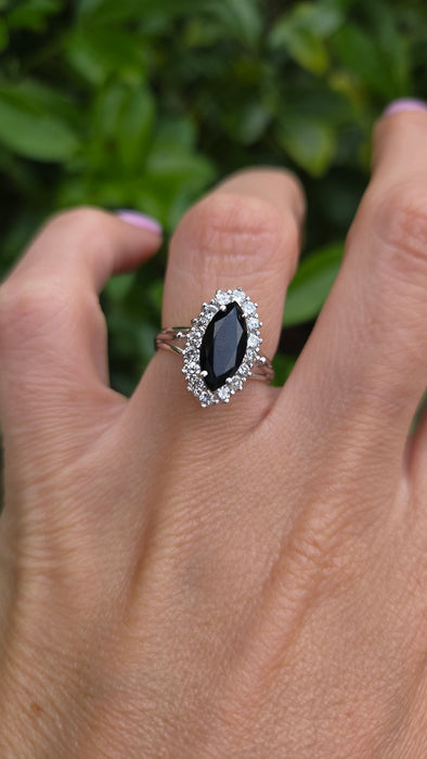 Vintage: 18ct White Gold Marquise Sapphire 1.79ct & Diamond 0.64ct Cluster Dress Ring — From 1975