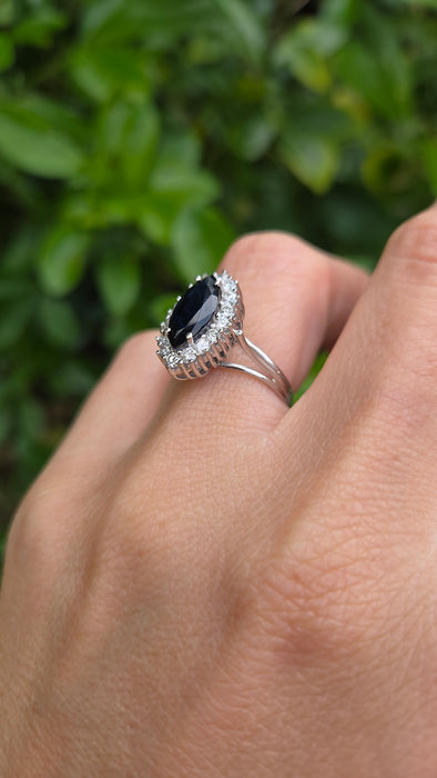 Vintage: 18ct White Gold Marquise Sapphire 1.79ct & Diamond 0.64ct Cluster Dress Ring — From 1975