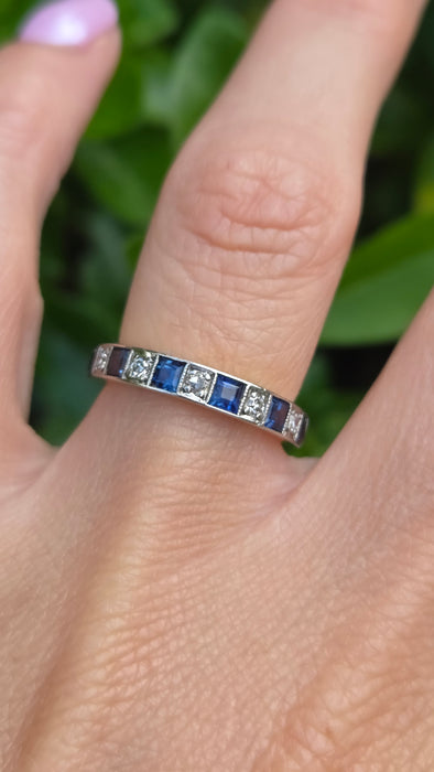 Vintage: 18ct Yellow Gold & Platinum Sapphire & Diamond Half Eternity Stacker Ring — From 1989