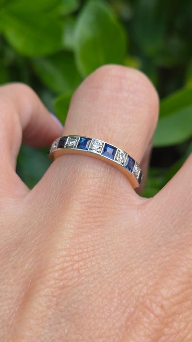 Vintage: 18ct Yellow Gold & Platinum Sapphire & Diamond Half Eternity Stacker Ring — From 1989