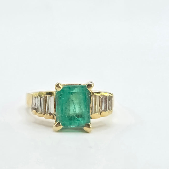 Vintage: 18ct Yellow Gold Emerald Cut Emerald & Diamond Dress Ring — 0.56ct