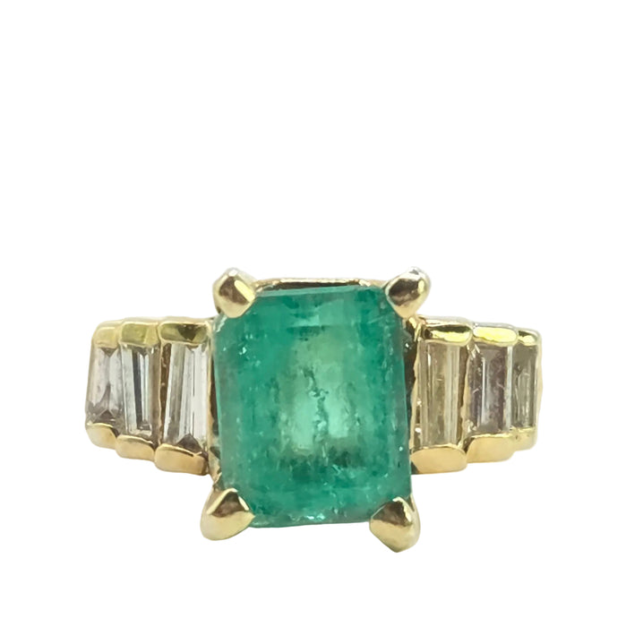 Vintage: 18ct Yellow Gold Emerald Cut Emerald & Diamond Dress Ring — 0.56ct