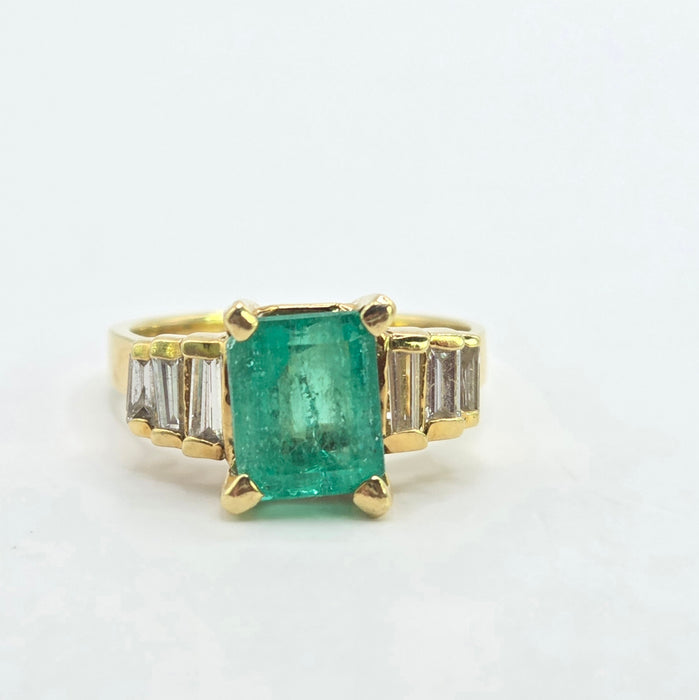 Vintage: 18ct Yellow Gold Emerald Cut Emerald & Diamond Dress Ring — 0.56ct