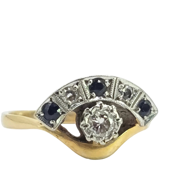 Vintage: 18ct Yellow Gold & Platinum Diamond Solitaire & Sapphire Crescent Dress Ring — 0.25ct