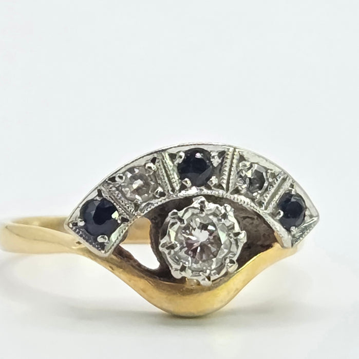 Vintage: 18ct Yellow Gold & Platinum Diamond Solitaire & Sapphire Crescent Dress Ring — 0.25ct