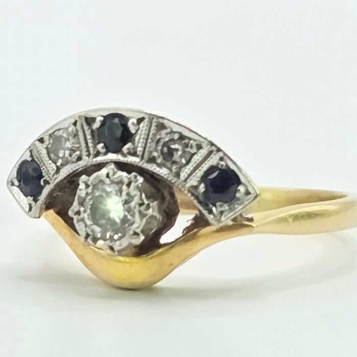 Vintage: 18ct Yellow Gold & Platinum Diamond Solitaire & Sapphire Crescent Dress Ring — 0.25ct