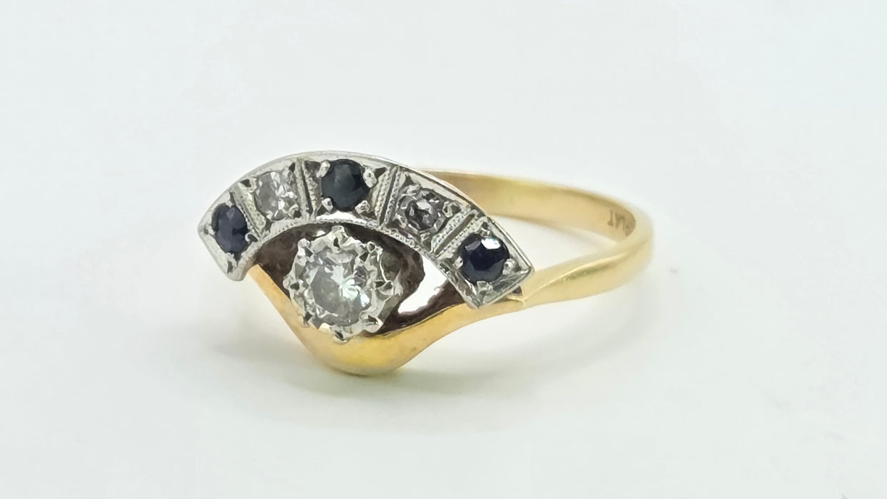 Vintage: 18ct Yellow Gold & Platinum Diamond Solitaire & Sapphire Crescent Dress Ring — 0.25ct