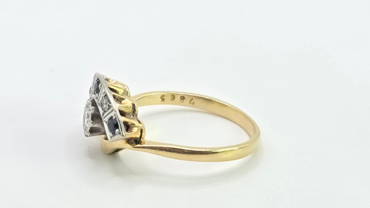 Vintage: 18ct Yellow Gold & Platinum Diamond Solitaire & Sapphire Crescent Dress Ring — 0.25ct