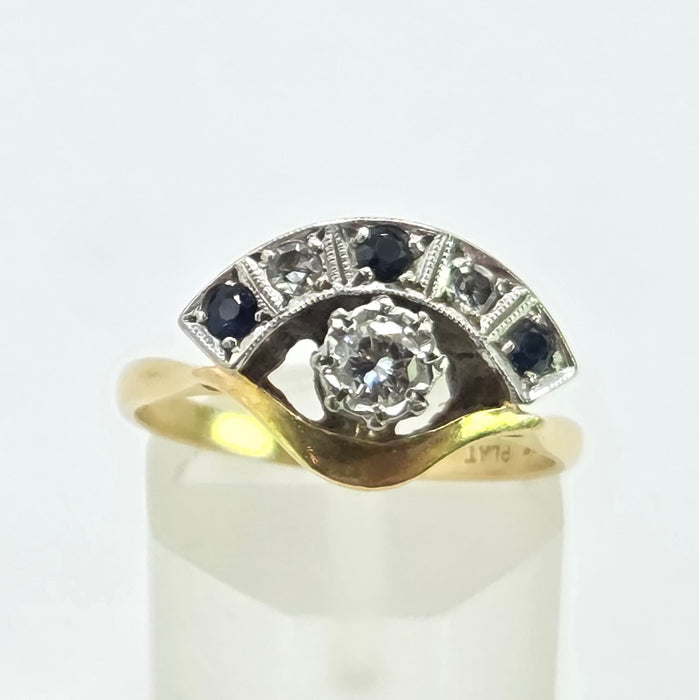 Vintage: 18ct Yellow Gold & Platinum Diamond Solitaire & Sapphire Crescent Dress Ring — 0.25ct