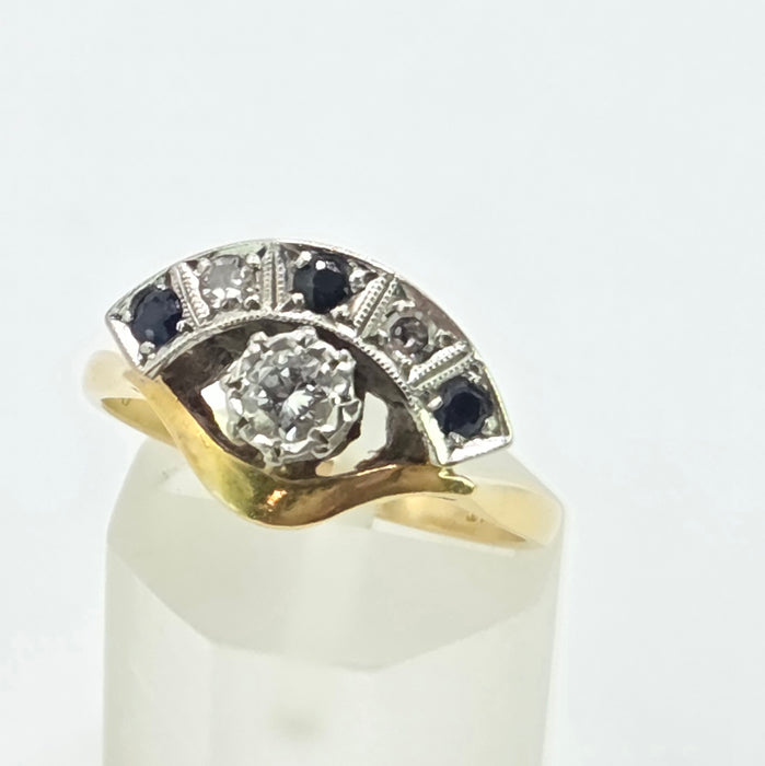 Vintage: 18ct Yellow Gold & Platinum Diamond Solitaire & Sapphire Crescent Dress Ring — 0.25ct