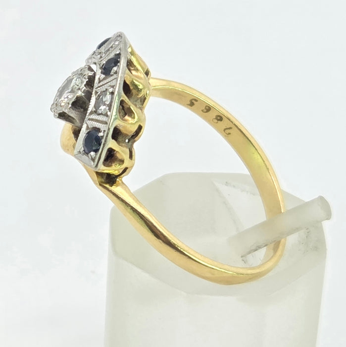 Vintage: 18ct Yellow Gold & Platinum Diamond Solitaire & Sapphire Crescent Dress Ring — 0.25ct