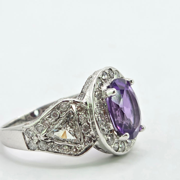 Vintage: 18ct White Gold Oval Amethyst 1.53ct & Diamond 1.30ct Cluster Dress Ring