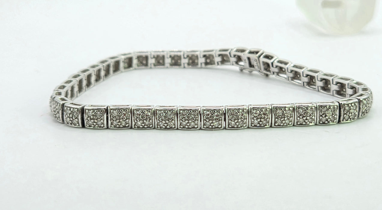 Vintage: 9ct White Gold Diamond 1.20ct 158-Stone Square Link Line Bracelet