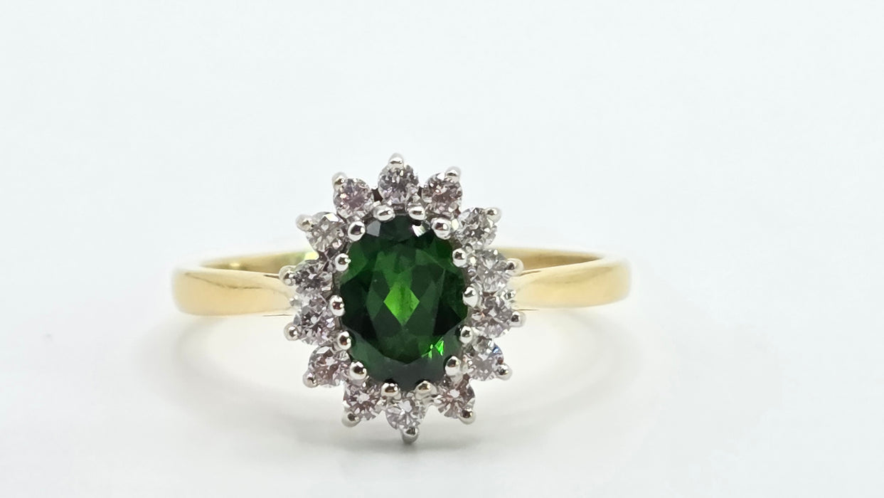 Vintage: 18ct Yellow Gold Green Tourmaline & Diamond 0.28ct Oval Cluster Ring — From 1994