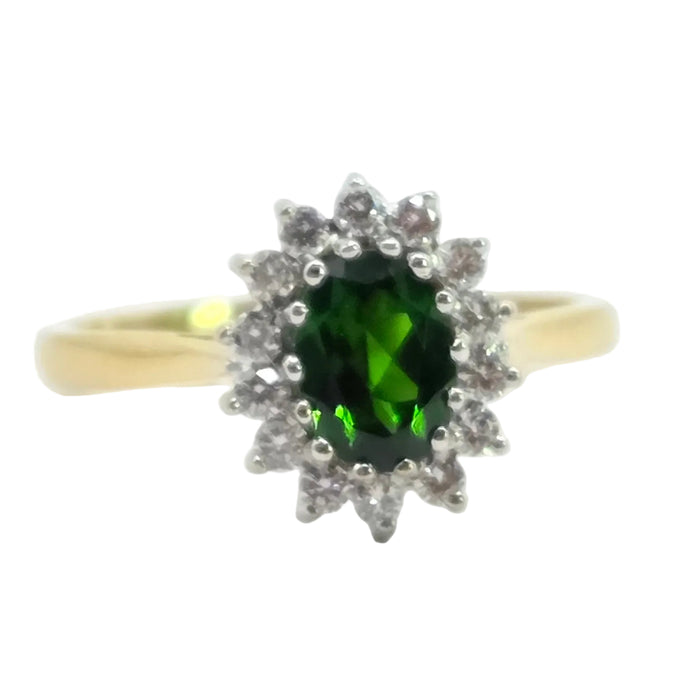 Vintage: 18ct Yellow Gold Green Tourmaline & Diamond 0.28ct Oval Cluster Ring — From 1994