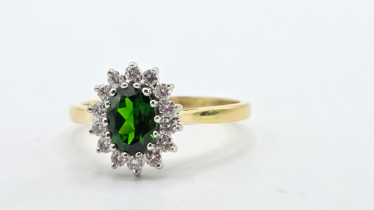 Vintage: 18ct Yellow Gold Green Tourmaline & Diamond 0.28ct Oval Cluster Ring — From 1994