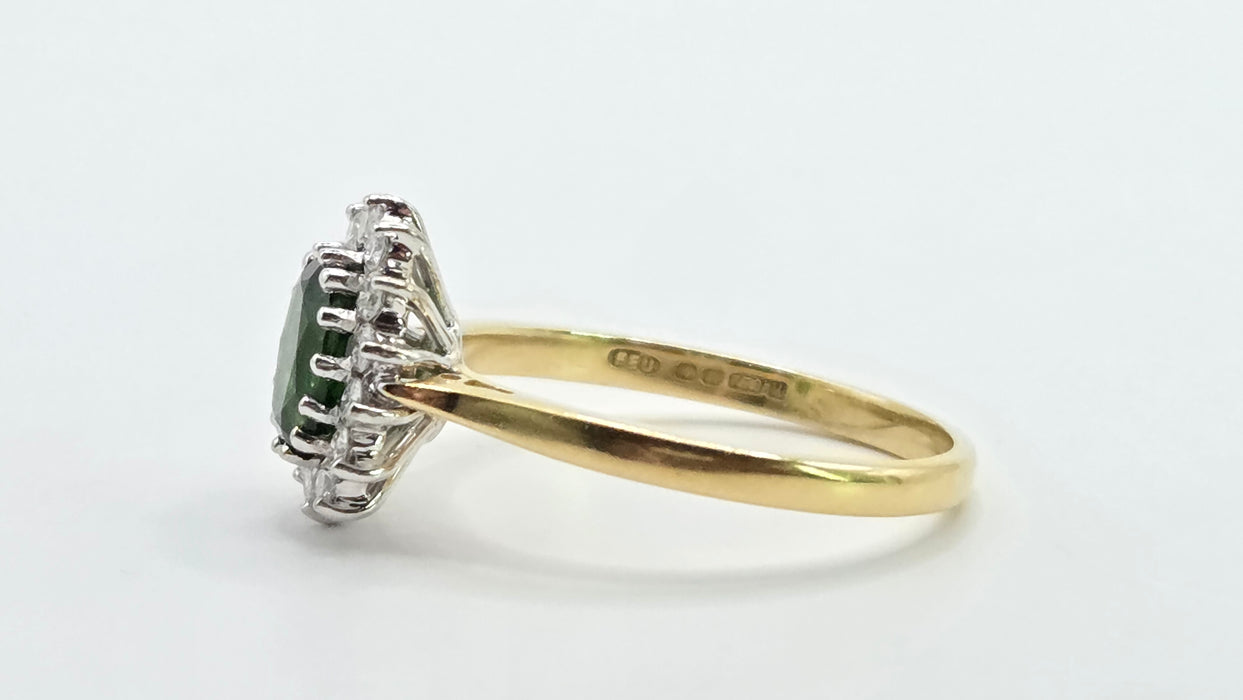 Vintage: 18ct Yellow Gold Green Tourmaline & Diamond 0.28ct Oval Cluster Ring — From 1994
